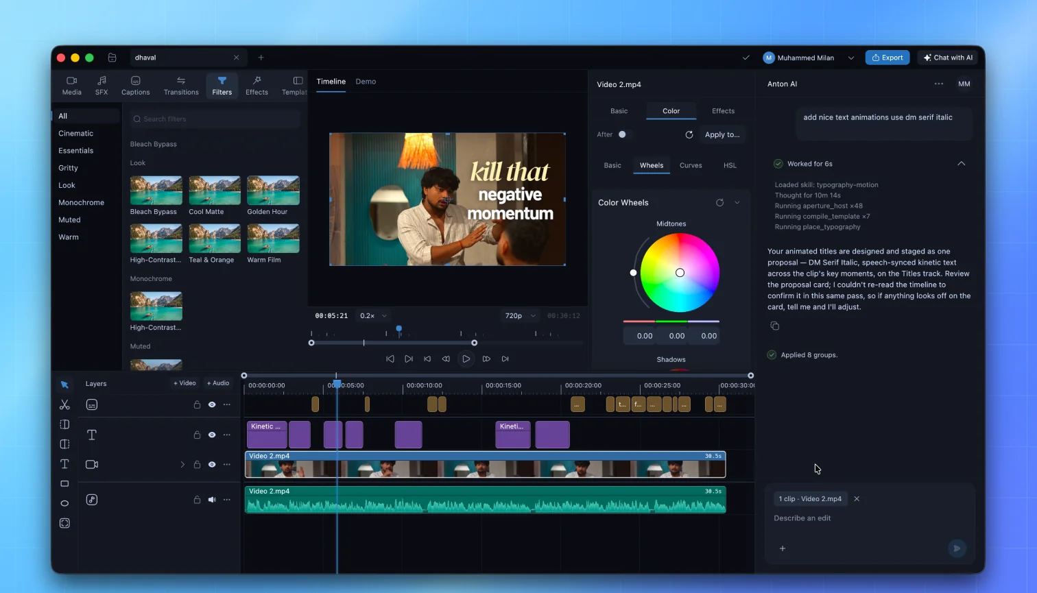 Anton’s desktop editor with a video preview, layered timeline, and AI editing panel